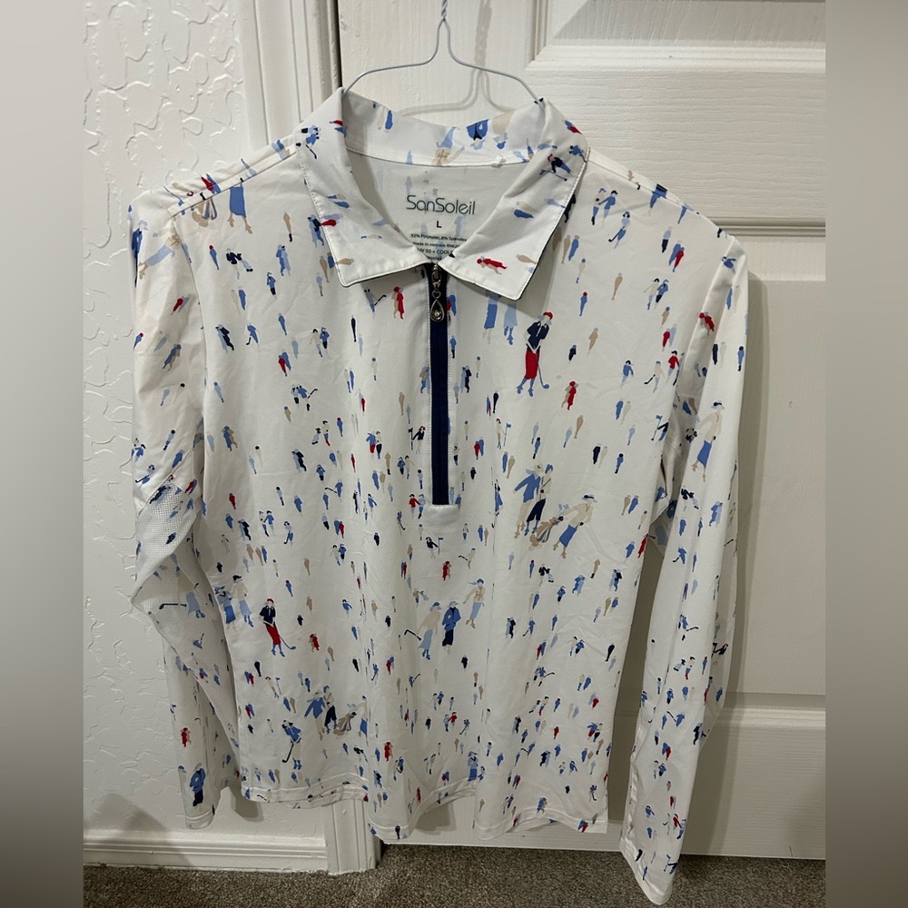NWOT San Soleil Lady Golfer Pattern Mock Neck Long Sleeve Zip Sunshirt Sz L